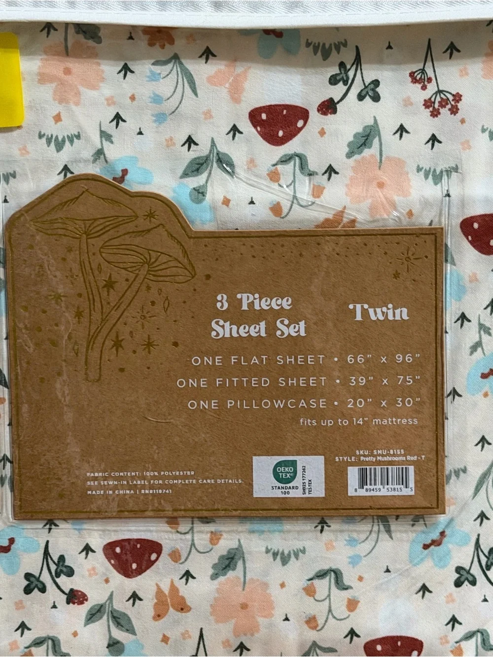Twin Floral Mushroom Sheet Set - White with Blush & Rust Accents